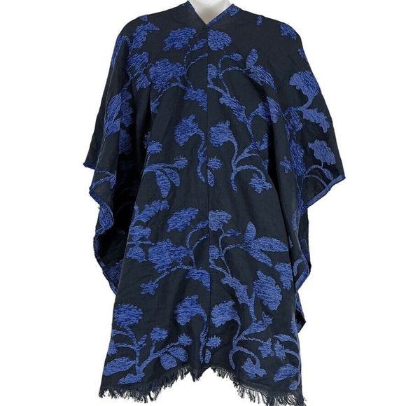 Chicos Womens Floral Chenille Jacquard Ruana Wrap Poncho Kimono Blue One Size - Picture 14 of 15